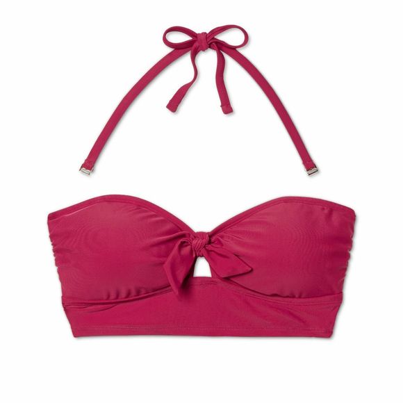 Women's Shade & Shore Long Line Front Tie Bandeau Bikini Top, Berry Medium 820 - Picture 3 of 9